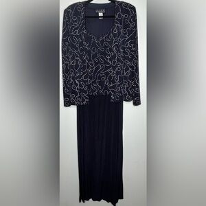 Alex Evenings Navy Blue and Iridescent Shimmery Patterned Long Dress and Jacket
